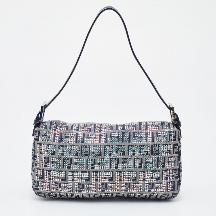 Pre Owned Fendi Navy Blue Fabric Zucchino Crystal Embellished Baguette