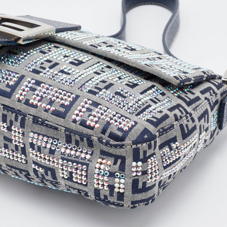 Pre Owned Fendi Navy Blue Fabric Zucchino Crystal Embellished Baguette