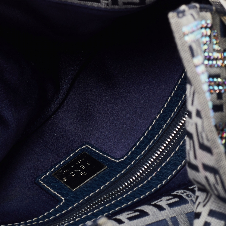 Pre Owned Fendi Navy Blue Fabric Zucchino Crystal Embellished Baguette