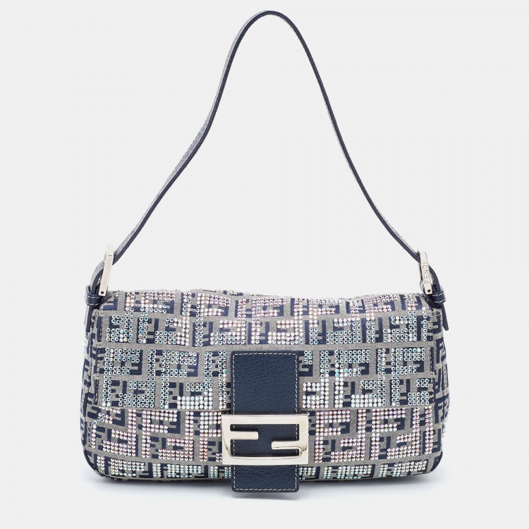Pre Owned Fendi Navy Blue Fabric Zucchino Crystal Embellished Baguette