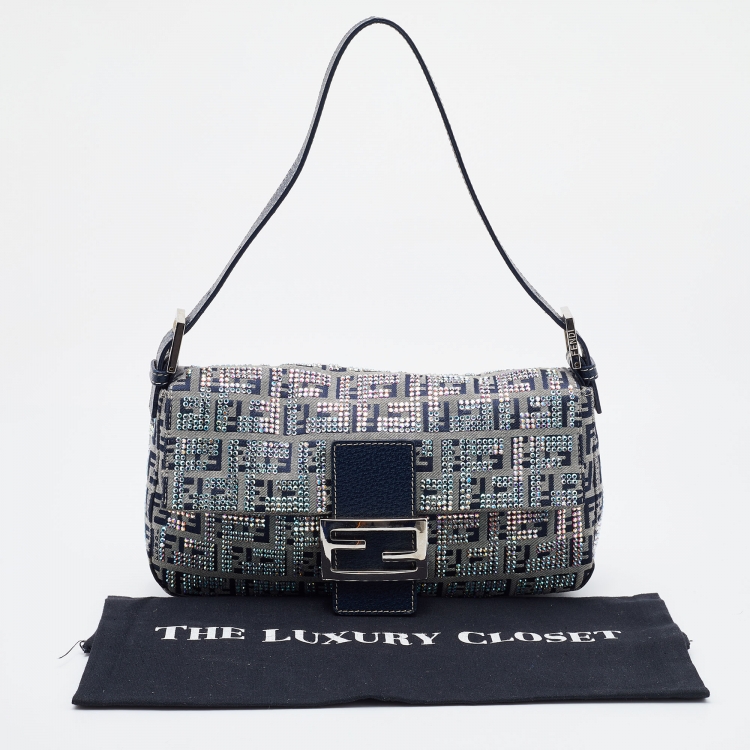 Pre Owned Fendi Navy Blue Fabric Zucchino Crystal Embellished Baguette