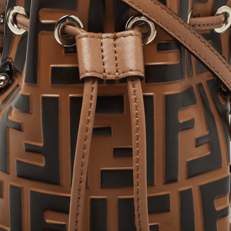 Pre Owned Fendi Brown/Black Zucca Leather Mini Mon Tresor Drawstring Bucket Bag