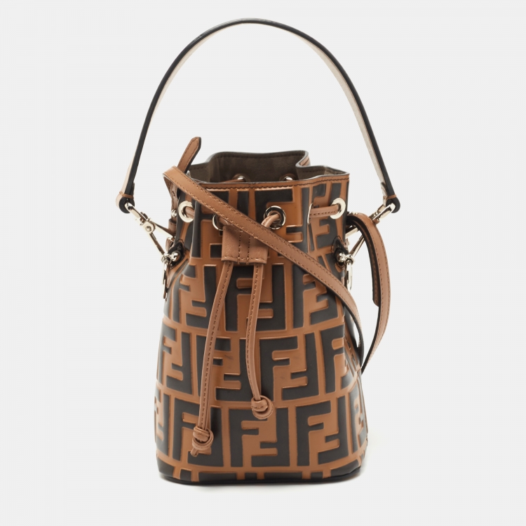 Pre Owned Fendi Brown/Black Zucca Leather Mini Mon Tresor Drawstring Bucket Bag