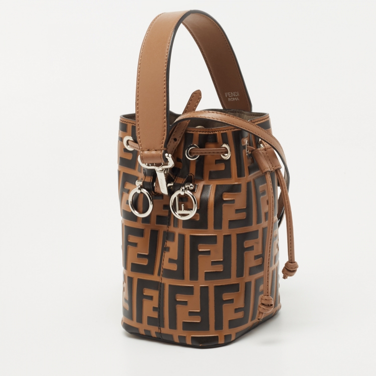Pre Owned Fendi Brown/Black Zucca Leather Mini Mon Tresor Drawstring Bucket Bag