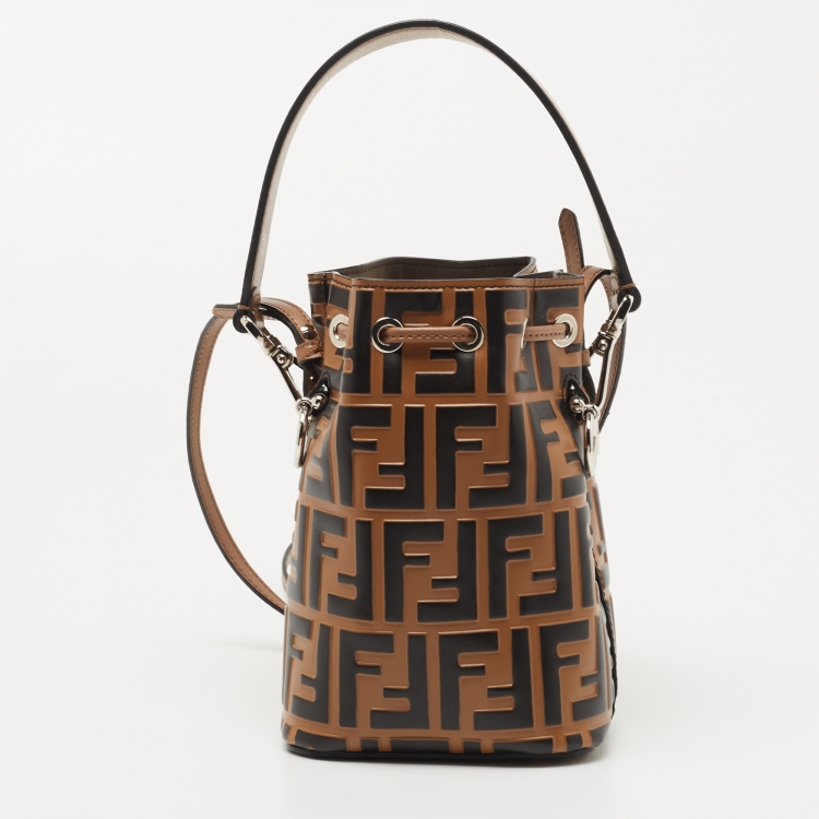 Pre Owned Fendi Brown/Black Zucca Leather Mini Mon Tresor Drawstring Bucket Bag