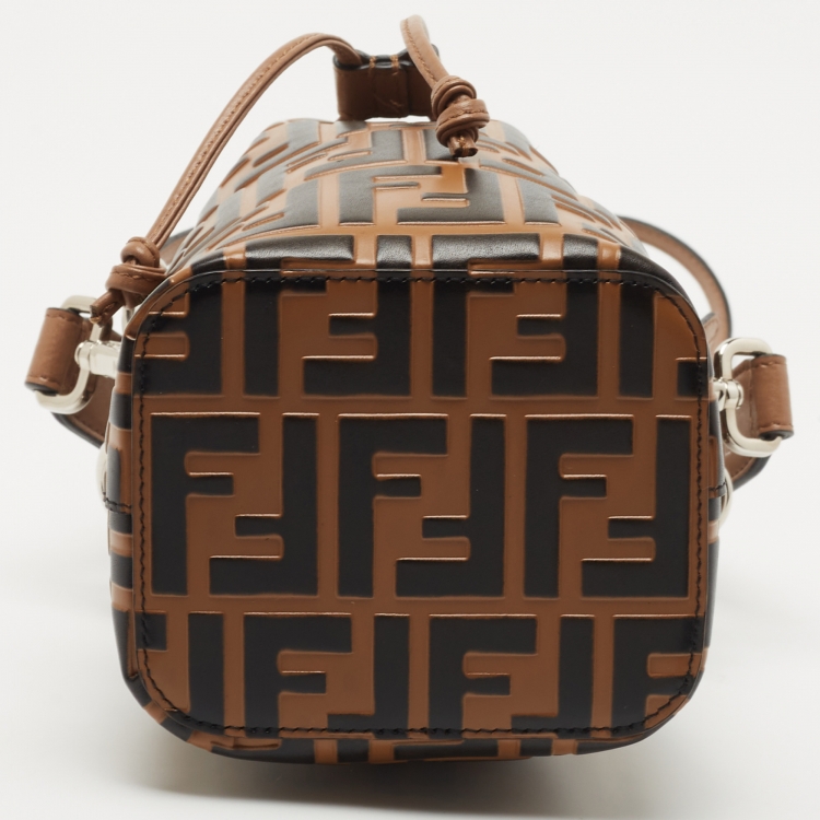 Pre Owned Fendi Brown/Black Zucca Leather Mini Mon Tresor Drawstring Bucket Bag