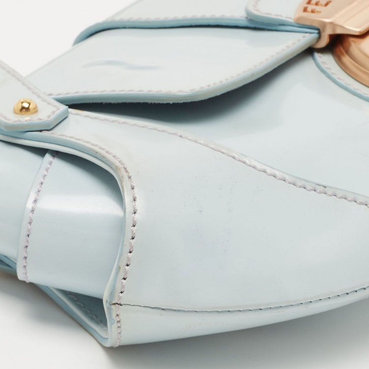 Pre Owned Fendi Light Blue Glossy Leather Compilation Hobo