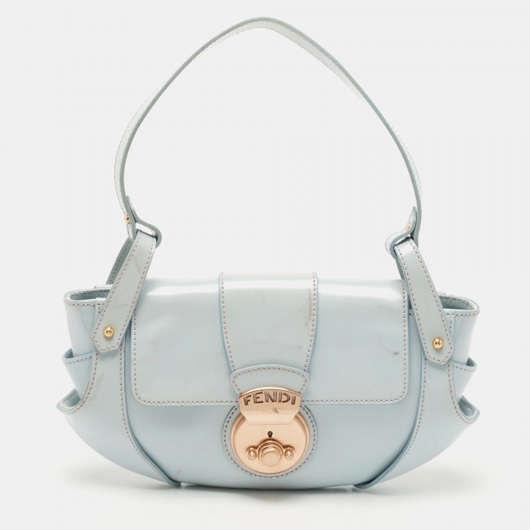 Pre Owned Fendi Light Blue Glossy Leather Compilation Hobo