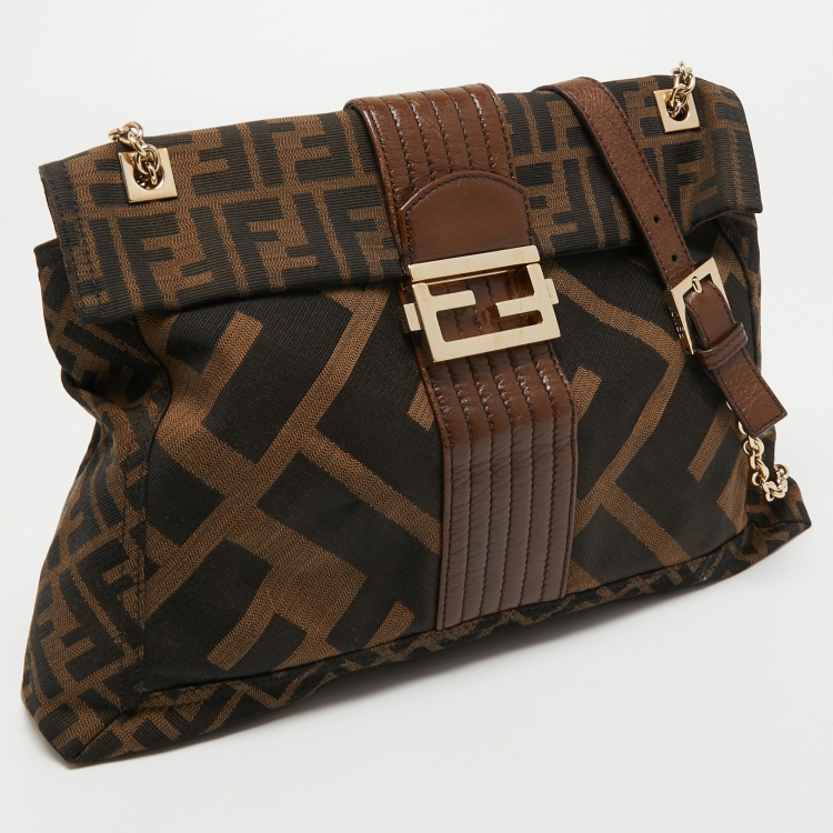 Pre Owned Fendi Tobacco Zucca Canvas and Leather Maxi Baguette Flap Shoulder Bag