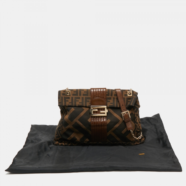 Pre Owned Fendi Tobacco Zucca Canvas and Leather Maxi Baguette Flap Shoulder Bag