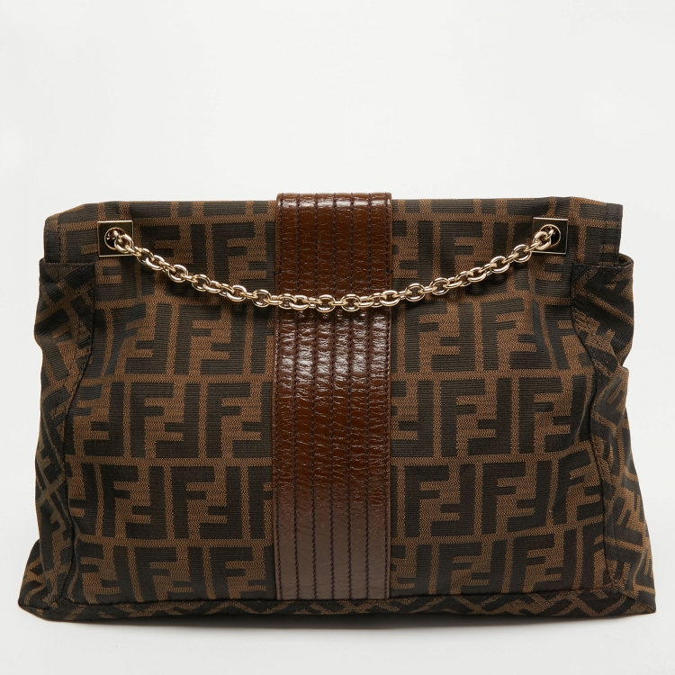 Pre Owned Fendi Tobacco Zucca Canvas and Leather Maxi Baguette Flap Shoulder Bag