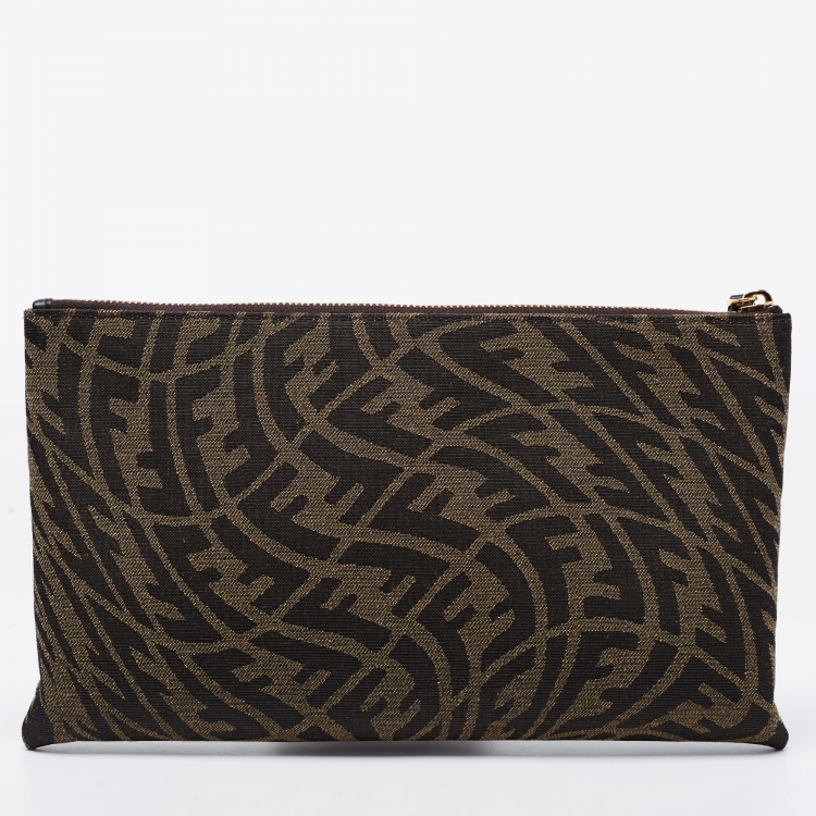 Pre Owned Fendi Tobacco Zucca Canvas Zip Pouch