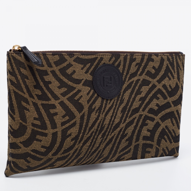Pre Owned Fendi Tobacco Zucca Canvas Zip Pouch