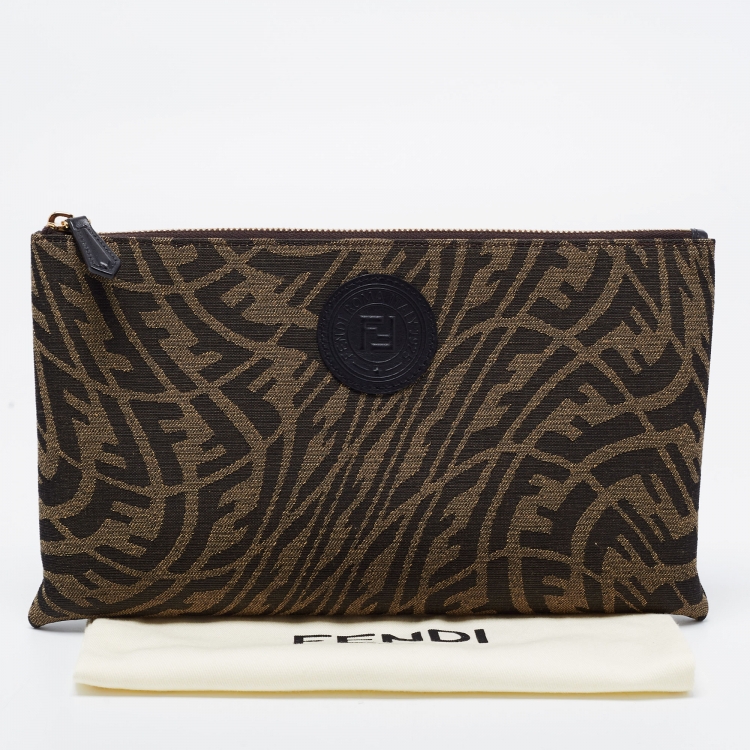 Pre Owned Fendi Tobacco Zucca Canvas Zip Pouch