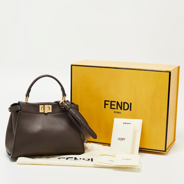 Pre Owned Fendi Dark Brown Leather Mini Iconic Peekaboo Top Handle Bag