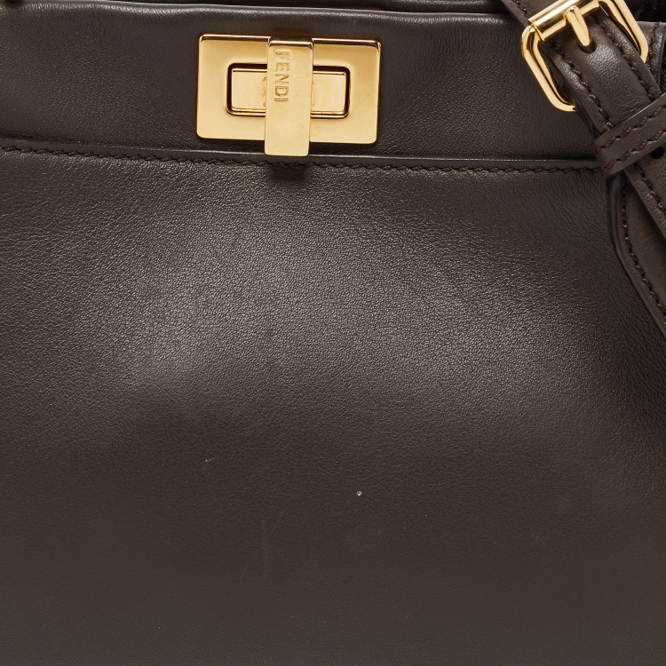 Pre Owned Fendi Dark Brown Leather Mini Iconic Peekaboo Top Handle Bag