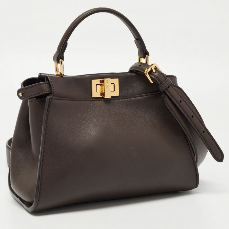 Pre Owned Fendi Dark Brown Leather Mini Iconic Peekaboo Top Handle Bag
