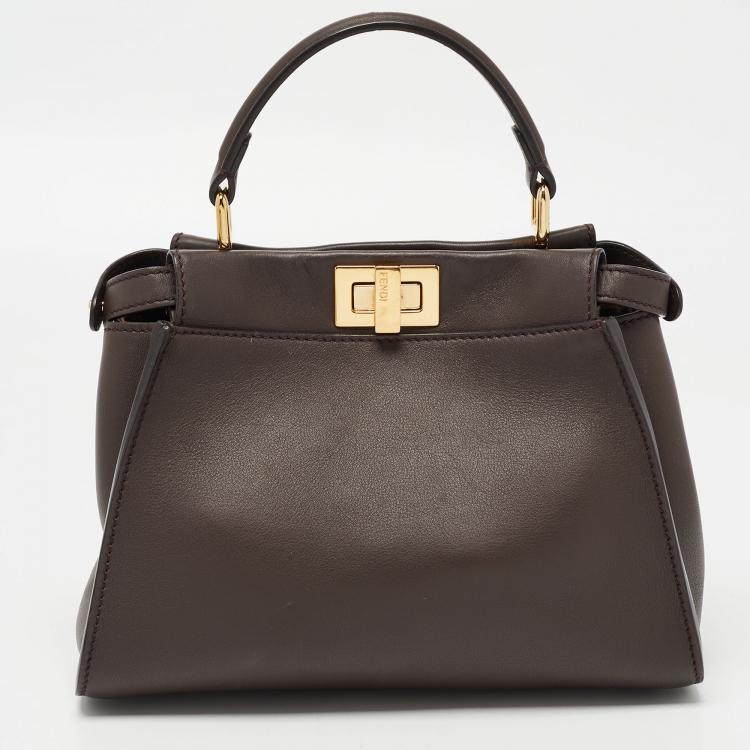 Pre Owned Fendi Dark Brown Leather Mini Iconic Peekaboo Top Handle Bag