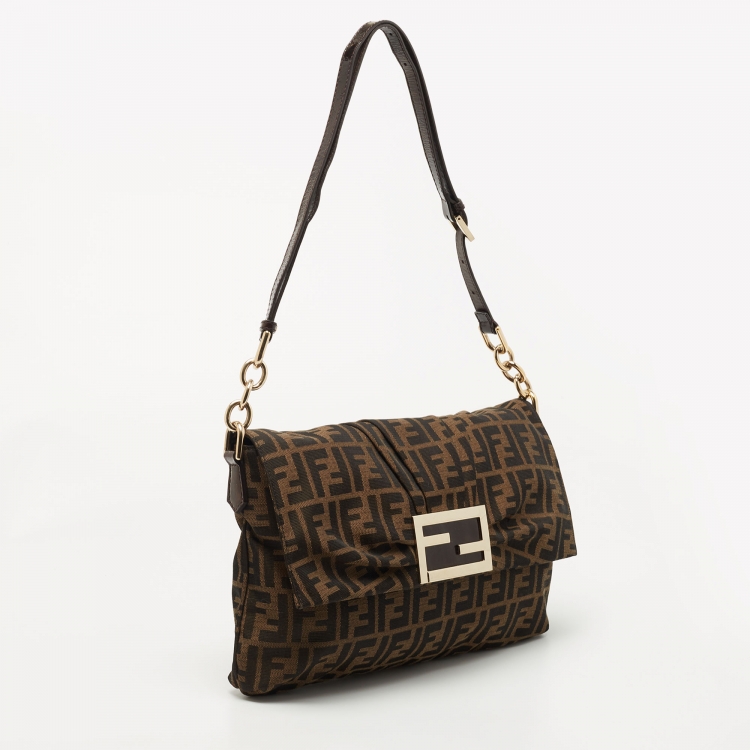 Pre Owned Fendi Tobacco Zucca Canvas and Patent Leather Mia Flap Shoulder Bag