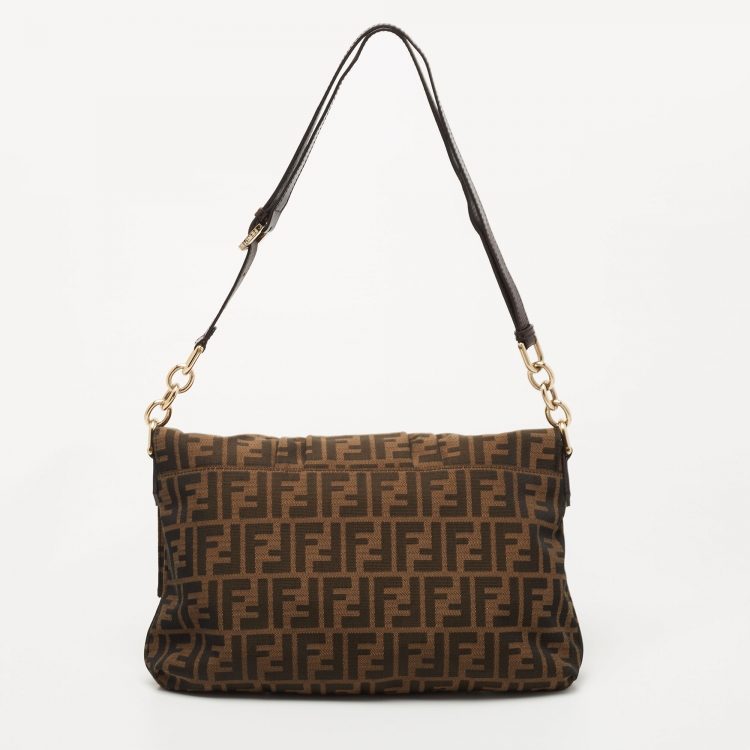 Pre Owned Fendi Tobacco Zucca Canvas and Patent Leather Mia Flap Shoulder Bag