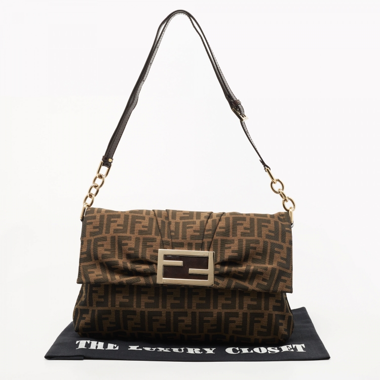 Pre Owned Fendi Tobacco Zucca Canvas and Patent Leather Mia Flap Shoulder Bag
