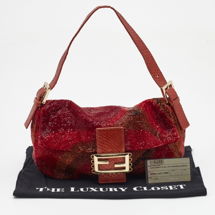 Pre Owned Fendi Red/Orange Beads and Snakeskin Baguette Bag