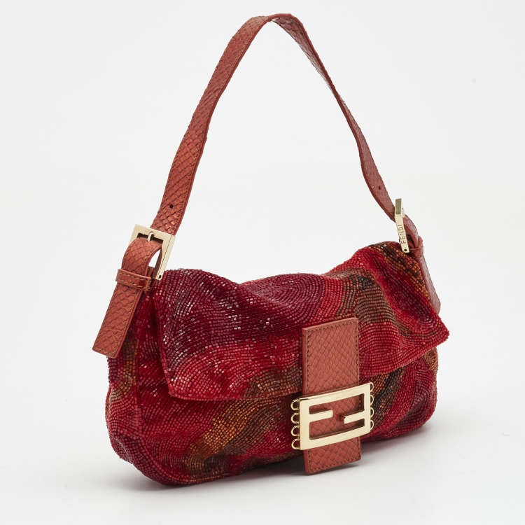 Pre Owned Fendi Red/Orange Beads and Snakeskin Baguette Bag
