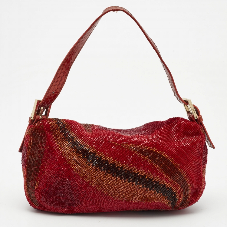 Pre Owned Fendi Red/Orange Beads and Snakeskin Baguette Bag