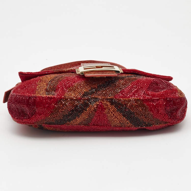Pre Owned Fendi Red/Orange Beads and Snakeskin Baguette Bag