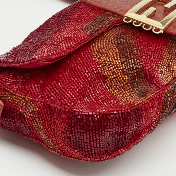 Pre Owned Fendi Red/Orange Beads and Snakeskin Baguette Bag