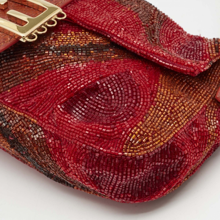 Pre Owned Fendi Red/Orange Beads and Snakeskin Baguette Bag