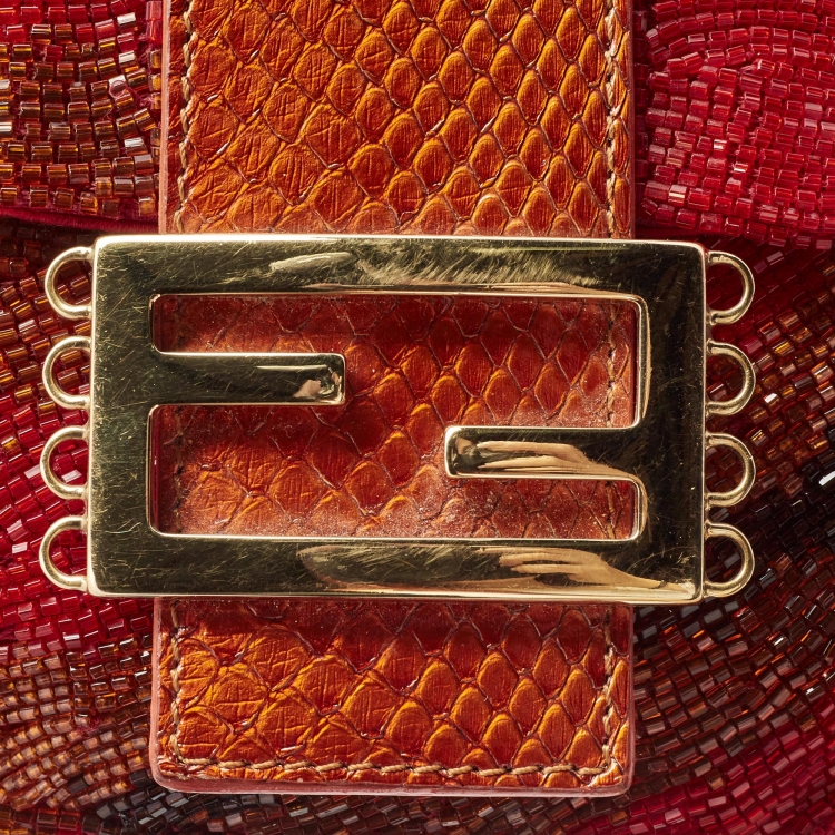 Pre Owned Fendi Red/Orange Beads and Snakeskin Baguette Bag