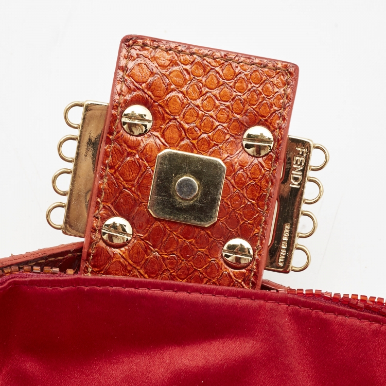 Pre Owned Fendi Red/Orange Beads and Snakeskin Baguette Bag
