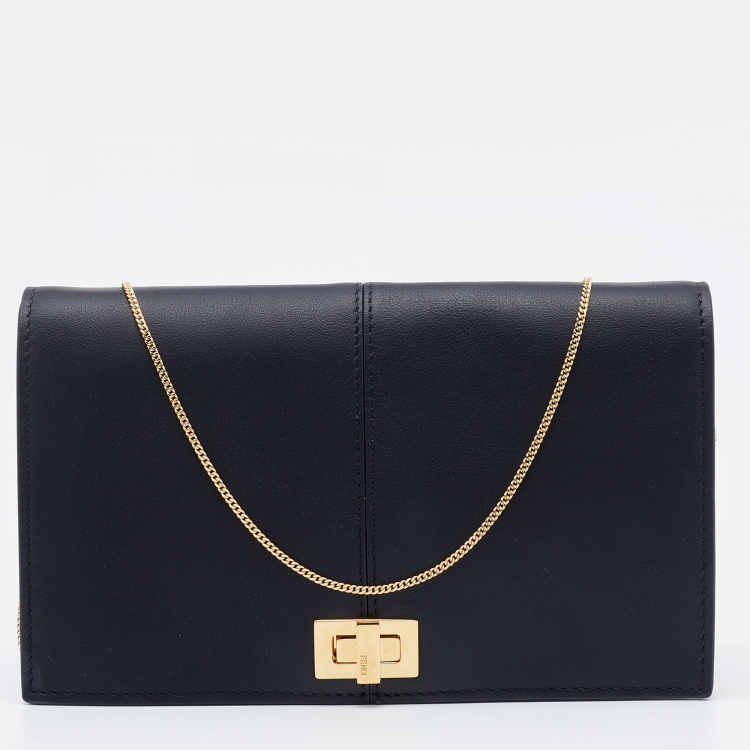Pre Owned Fendi Black Leather Chain Clutch