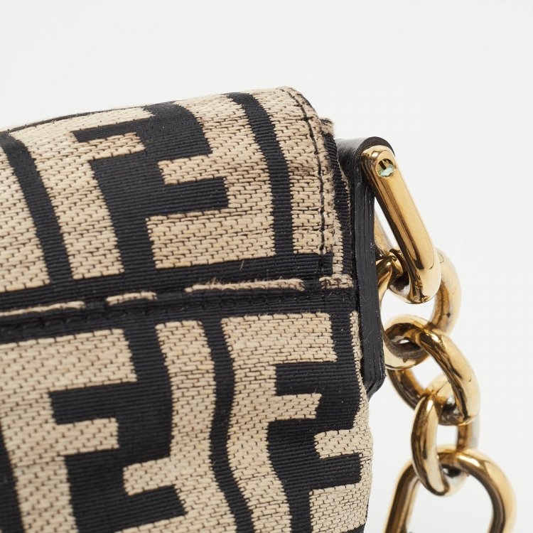 Pre Owned Fendi Beige/Black Zucca Jacquard Fabric Mia Flap Bag