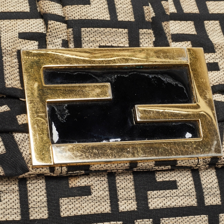 Pre Owned Fendi Beige/Black Zucca Jacquard Fabric Mia Flap Bag