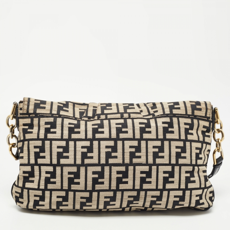 Pre Owned Fendi Beige/Black Zucca Jacquard Fabric Mia Flap Bag