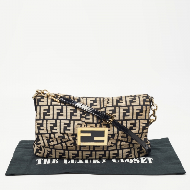 Pre Owned Fendi Beige/Black Zucca Jacquard Fabric Mia Flap Bag
