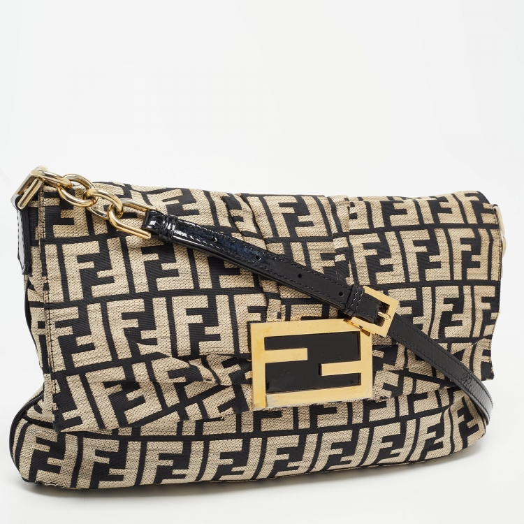 Pre Owned Fendi Beige/Black Zucca Jacquard Fabric Mia Flap Bag