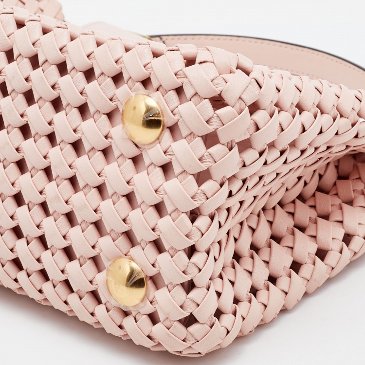 Pre Owned Fendi Pink Woven Leather Mini Peekaboo Top Handle Bag