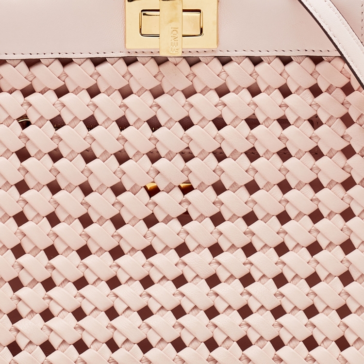 Pre Owned Fendi Pink Woven Leather Mini Peekaboo Top Handle Bag