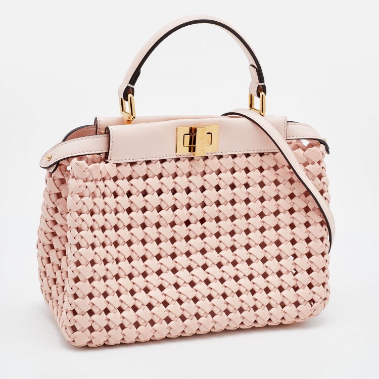 Pre Owned Fendi Pink Woven Leather Mini Peekaboo Top Handle Bag