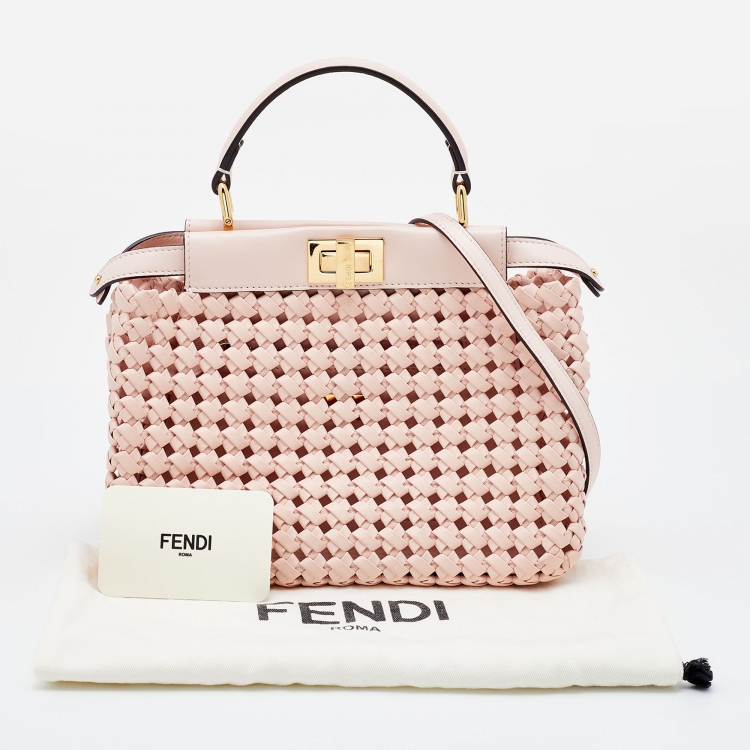 Pre Owned Fendi Pink Woven Leather Mini Peekaboo Top Handle Bag
