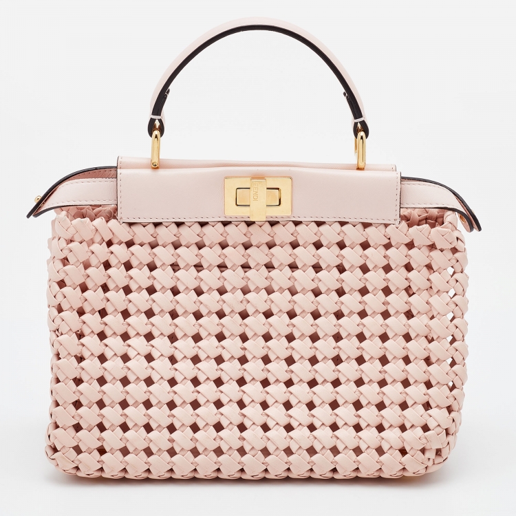Pre Owned Fendi Pink Woven Leather Mini Peekaboo Top Handle Bag