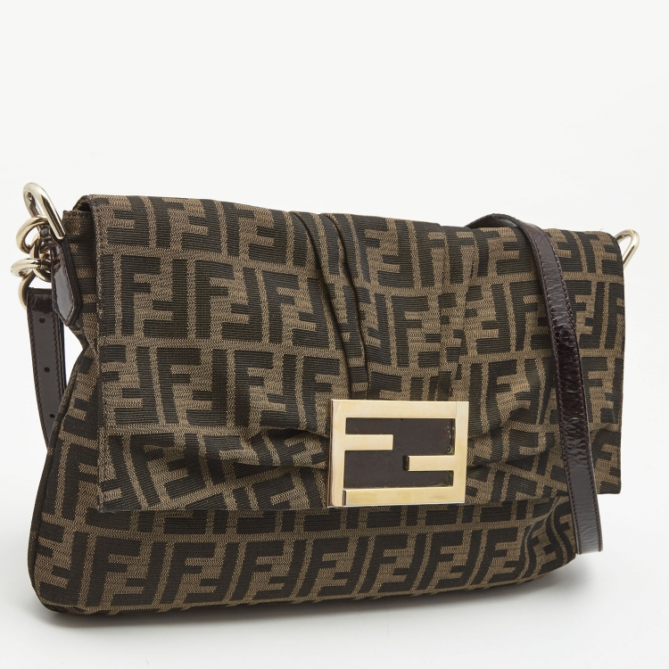 Pre Owned Fendi Tobacco Zucca Canvas and Patent Leather Mia Flap Bag