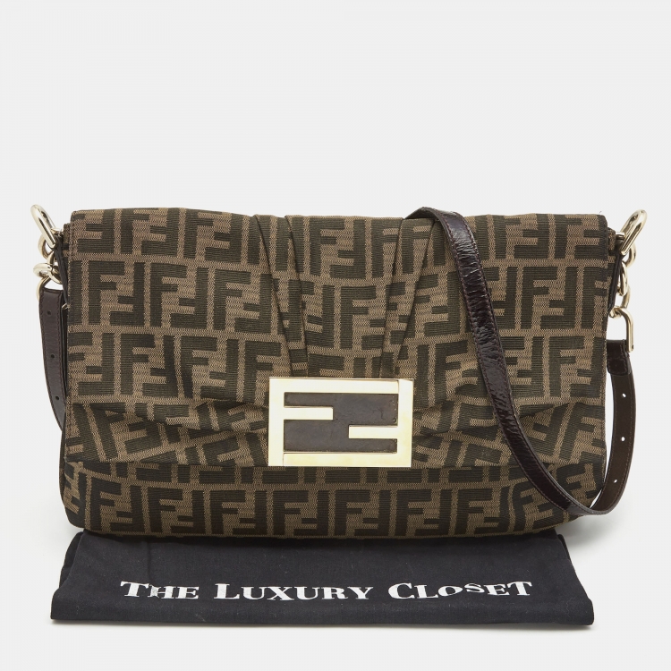 Pre Owned Fendi Tobacco Zucca Canvas and Patent Leather Mia Flap Bag