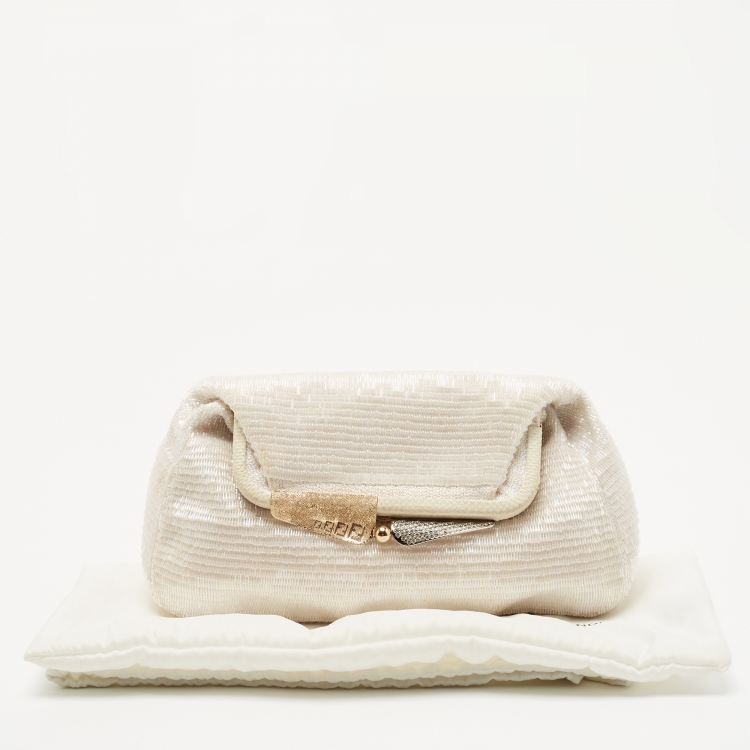 Pre Owned Fendi Off White Beads and Lizard Borderline Clutch