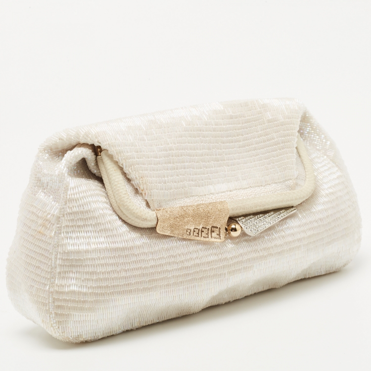 Pre Owned Fendi Off White Beads and Lizard Borderline Clutch