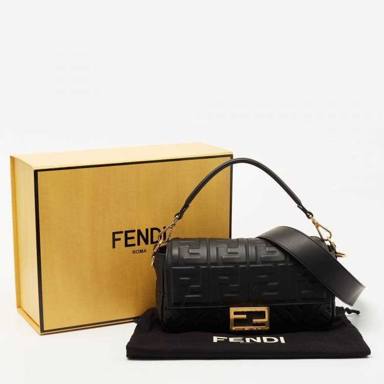 Pre Owned Fendi Black Zucca Embossed Leather Medium Baguette Bag