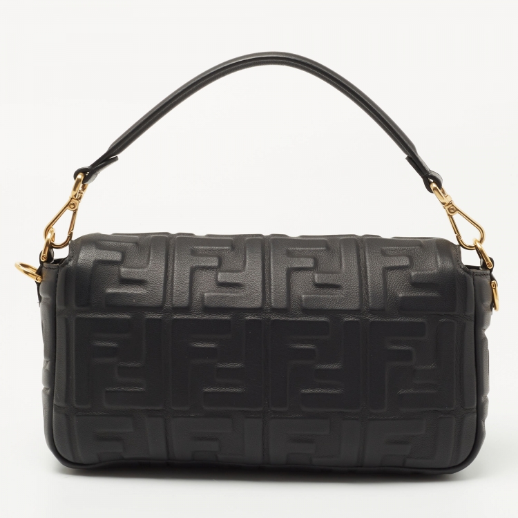 Pre Owned Fendi Black Zucca Embossed Leather Medium Baguette Bag